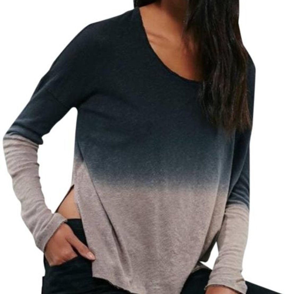 We The Free Linen Blend Ombre Starry Night Long Sleeve Raw Hem Blouse Sz Sm